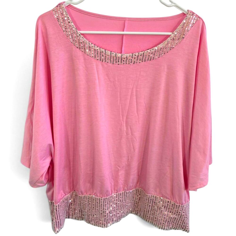 Pink Sequin Trim Batwing Top Bubble Hem Blouse Sparkle Party Top Plus Size 5XL